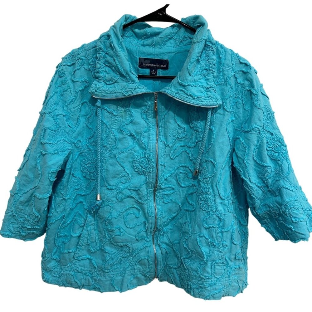 Susan Graver Style Womens Textured Turquoise Jacket Size L Full Zip Cotton Casua